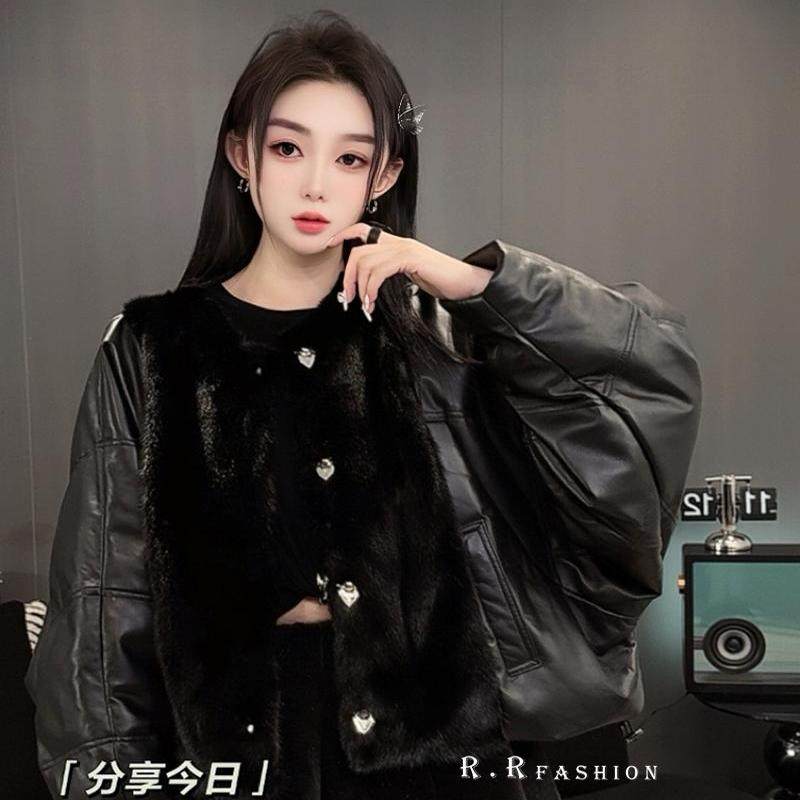 拼皮貂毛羽绒服女2024冬季新款欧洲站女装感毛领外套长袖上衣