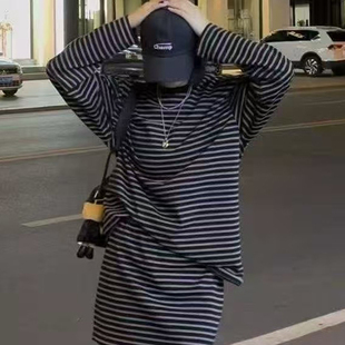 新款 两件套女2025秋季 欧洲站 上衣高腰半身裙短裙条纹套装 圆领长袖