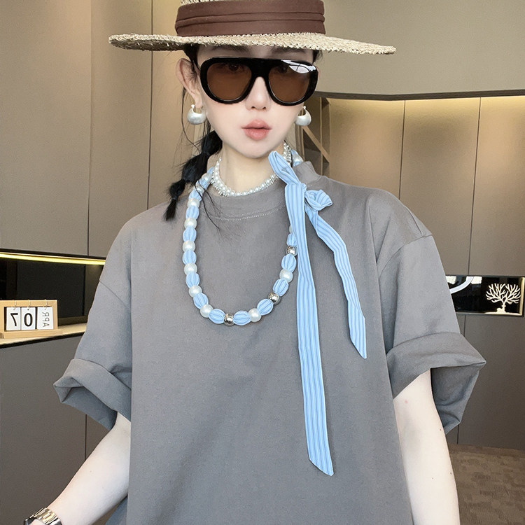 短袖T恤女2026春季新款欧洲站设计感时尚中长款圆领套头半袖上衣