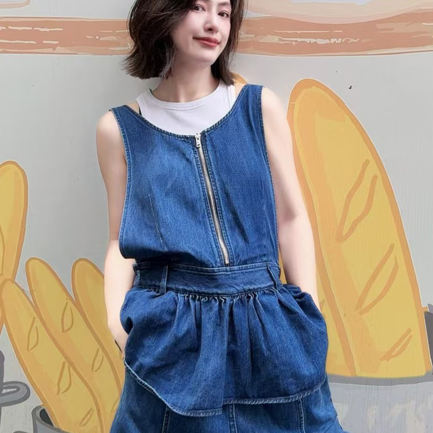 牛仔连体裤女2026秋季新款时尚高腰背带裤荷叶边直筒长裤无袖裤子