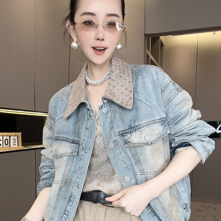 牛仔外套女2026春季新款欧洲站时尚复古做旧编织领单排扣长袖上衣