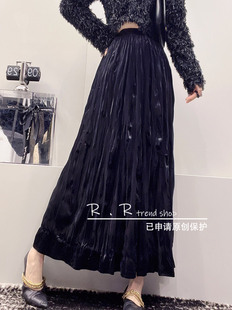 法式复古纯色a字裙高腰显瘦长裙褶皱丝绒半身裙女2023秋季新款