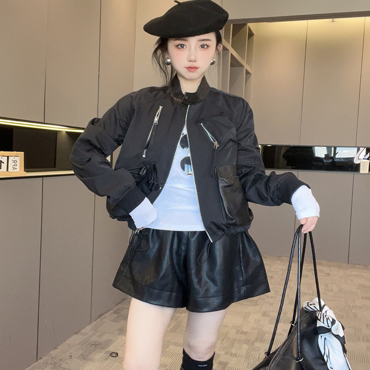 拼皮外套女2025秋季新款欧洲站工装风多口袋纯色立领长袖拉链上衣