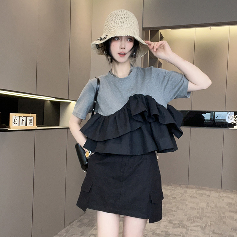 短袖T恤女2026春季新款欧洲站设计感撞色拼接荷叶边圆领半袖上衣