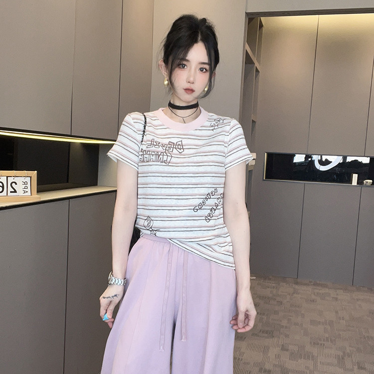 短袖条纹T恤女2026春季新款卡通图案字母印花打底衫圆领套头上衣