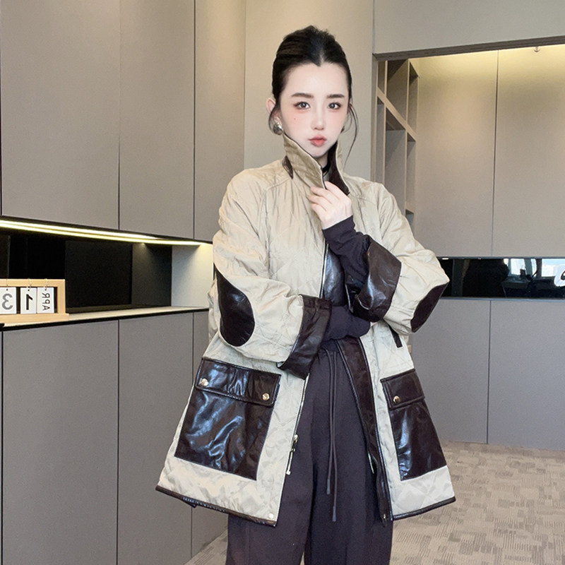 绵羊皮拼接大口袋侧开叉长袖开衫菱格拼皮棉服外套女2026春季新款