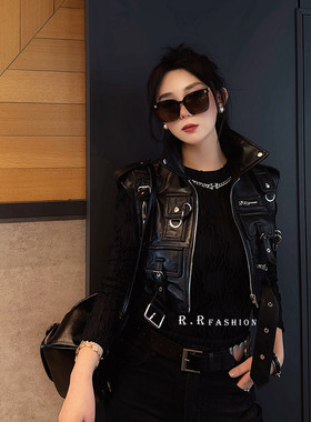 RR fshion 2024春季新款皮夹克外套女工装机车风夹克马甲百搭上衣