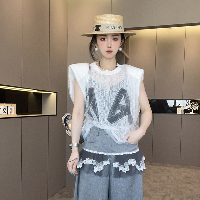 T恤女2025夏季新款欧洲站短款蕾丝钩花网纱拼接蕾丝衫圆领上衣