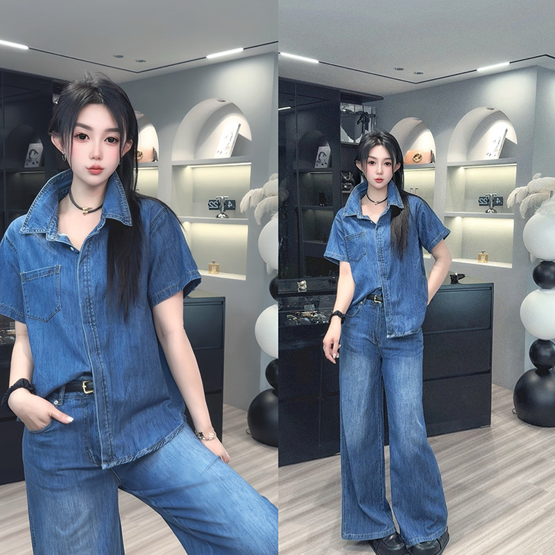 翻领短袖上衣高腰直筒长裤牛仔套装两件套女2025春季新款欧洲站