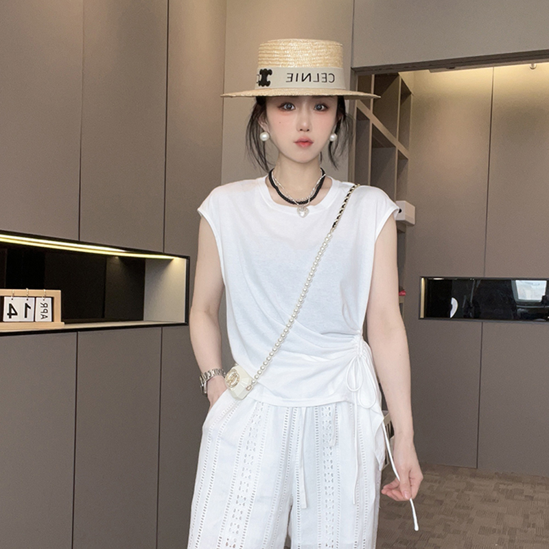 T恤女2025夏季新款纯色侧边抽绳褶皱不规则下摆打底衫圆领上衣