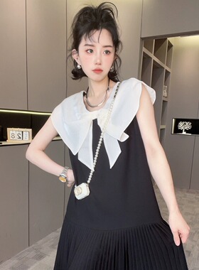 RR fashion 连衣裙女2025夏季新款撞色拼接披肩领百褶裙百搭裙子