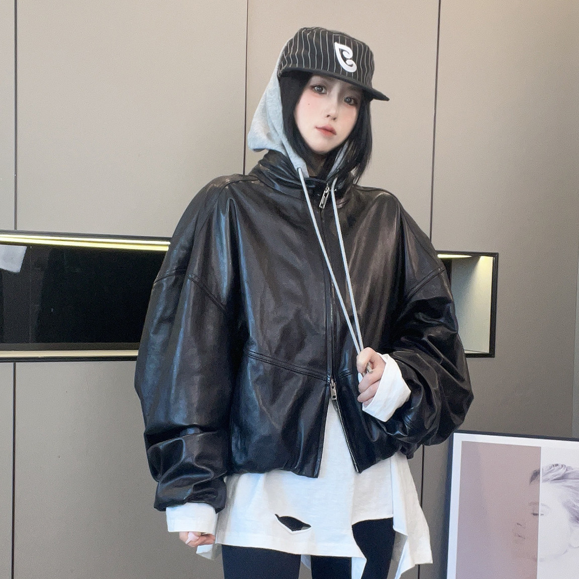 假两件抽绳连帽皮衣女2026秋季新款绵羊皮外套宽松百搭长袖上衣