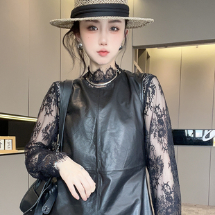 皮裙女2025秋季新款欧洲站纯色绵羊皮连衣裙圆领长裙拼接下摆裙子