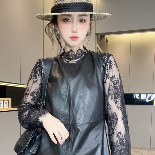 皮裙女2025秋季新款欧洲站纯色绵羊皮连衣裙圆领长裙拼接下摆裙子