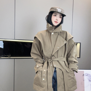 风衣女2026秋季新款欧洲站设计感中长款纯色腰带收腰外套长袖上衣