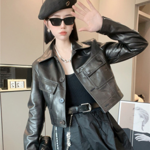 新款 翻领真皮夹克外套新款 大口袋纯皮皮衣女2026春季 显瘦短款 修身
