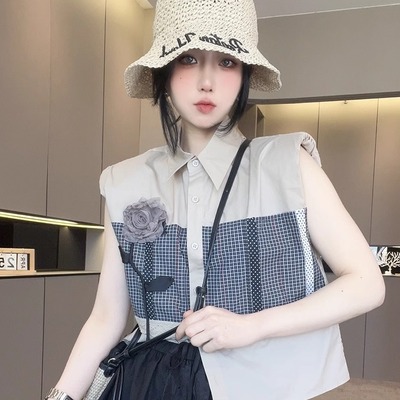 【现货】无袖衬衫女2025夏季新款立体花朵拼接格子单排扣翻领上衣
