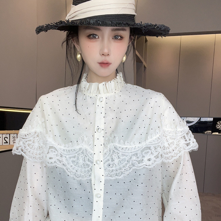 波点衬衫女2026春季新款欧洲站蕾丝钩花拼接衬衣单排扣长袖上衣
