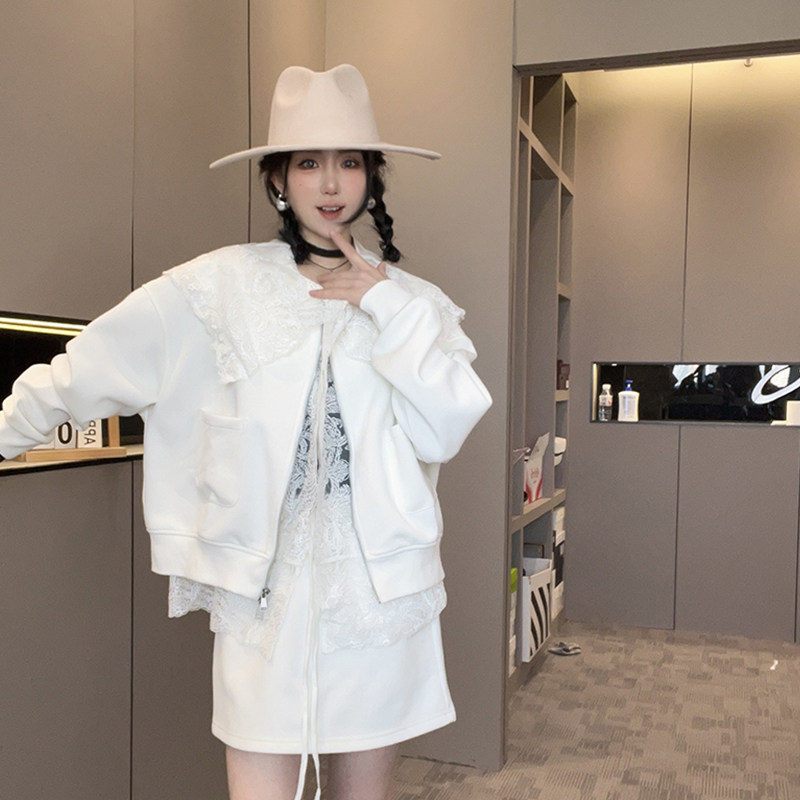 长袖外套内搭蕾丝衫高腰半身裙纯色套装三件套女2026春季新款女装