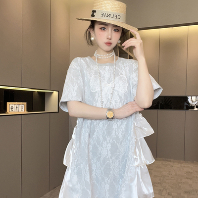 短袖T恤女2025春季新款拼接蕾丝钩花蝴蝶结中长款打底衫圆领上衣