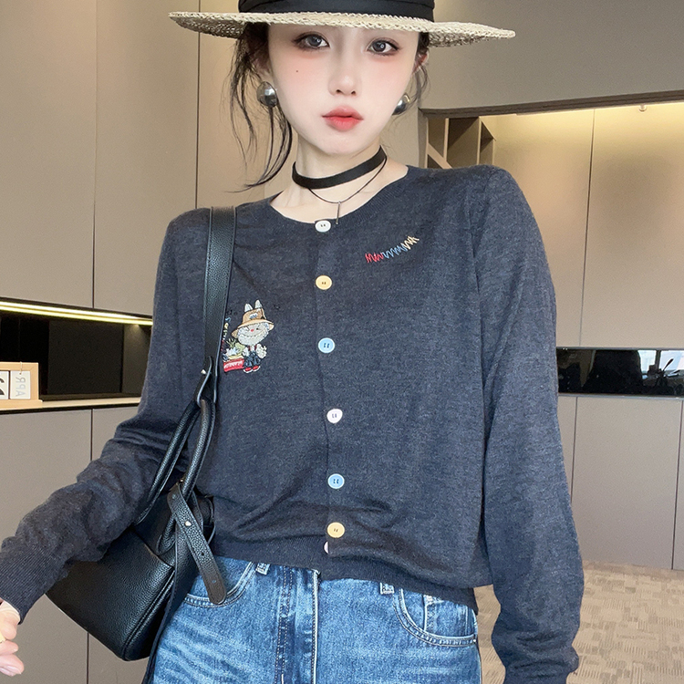 针织衫女2025秋季新款撞色拼接卡通图案单排扣长袖圆领开衫上衣