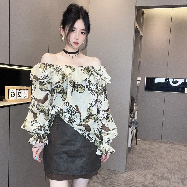 衬衫女2026春季新款度假风植物印花一字肩荷叶边露肩衬衣长袖上衣