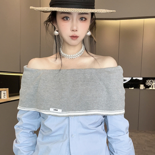 欧洲站设计感一字领露肩衬衣长袖 新款 上衣 女2026春季 针织拼接衬衫