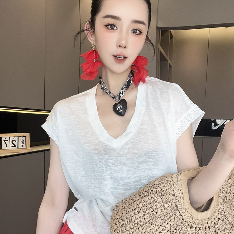 短袖T恤女2026夏季新款欧洲站纯色蕾丝钩花拼接打底衫V领套头上衣