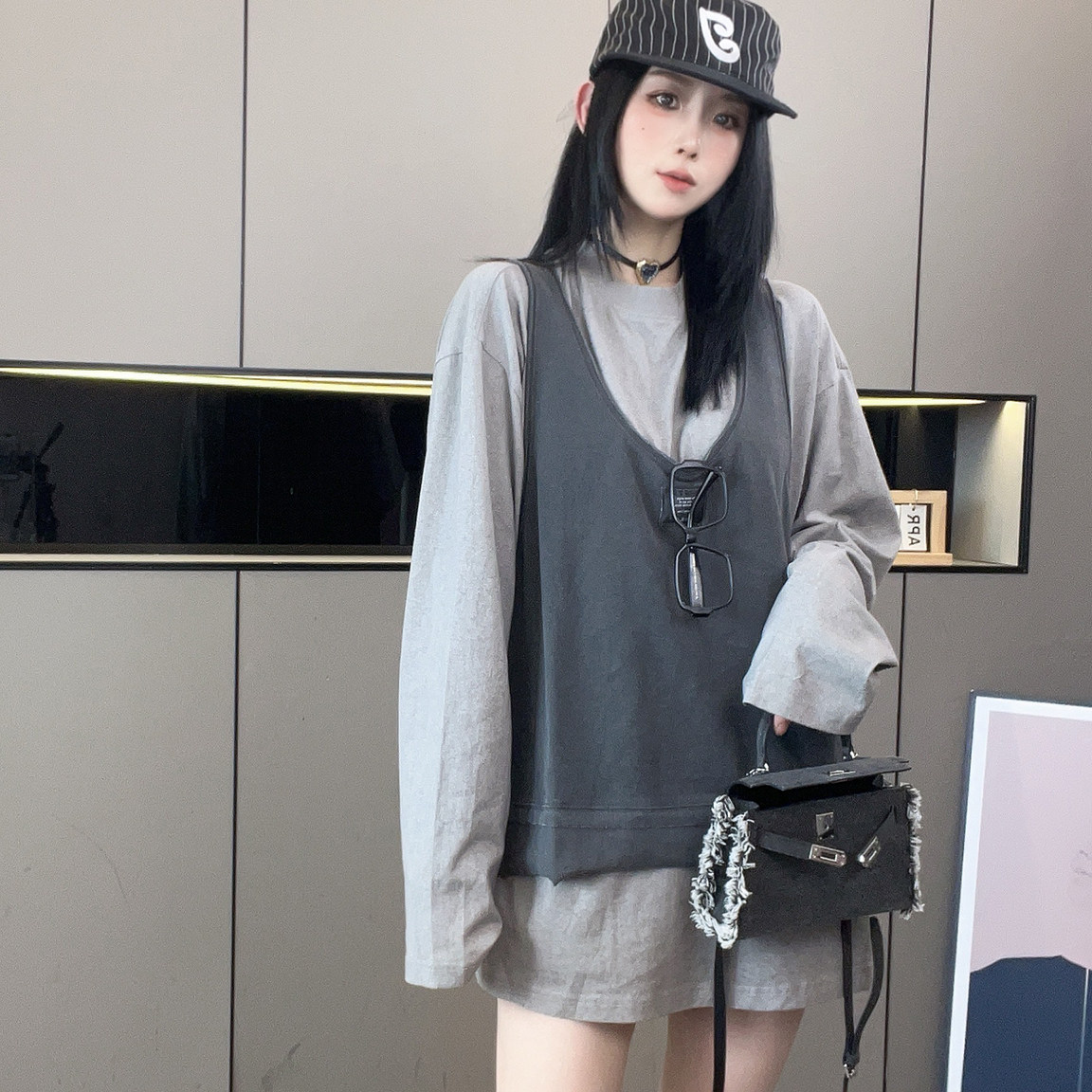 中长款长袖T恤外穿无袖背心叠穿上衣套装两件套女2026秋季新款