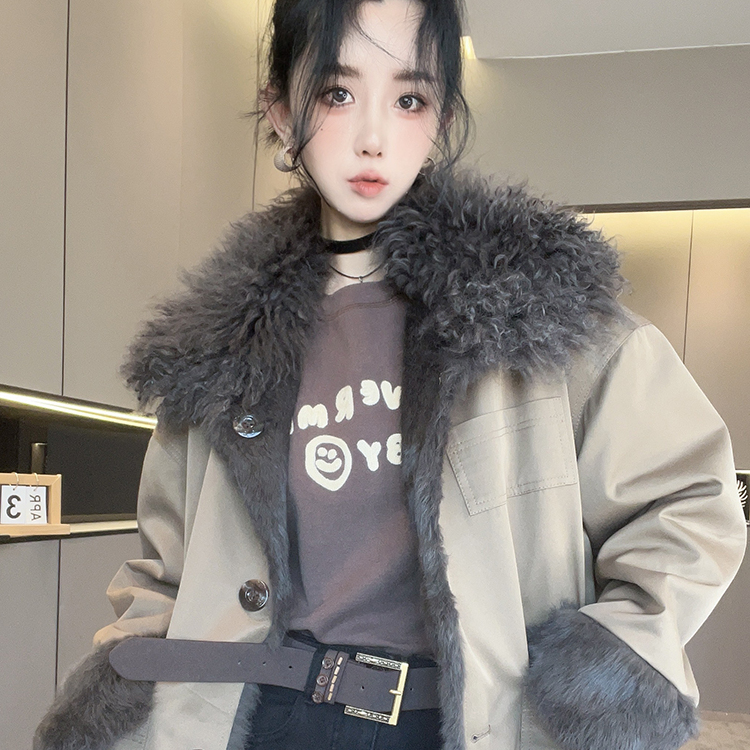 两面穿羊羔毛领兔毛内胆外套女2025秋冬新款中长款保暖长袖上衣