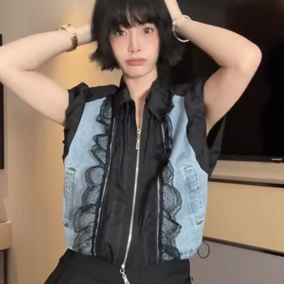 拼接牛仔衬衫女2025夏季新款欧洲站设计感蕾丝钩花拉链翻领上衣
