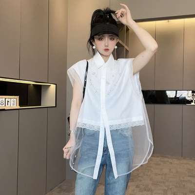 短袖衬衫女2025夏季新款拼接重工钉珠蕾丝钩花网纱单排扣翻领上衣