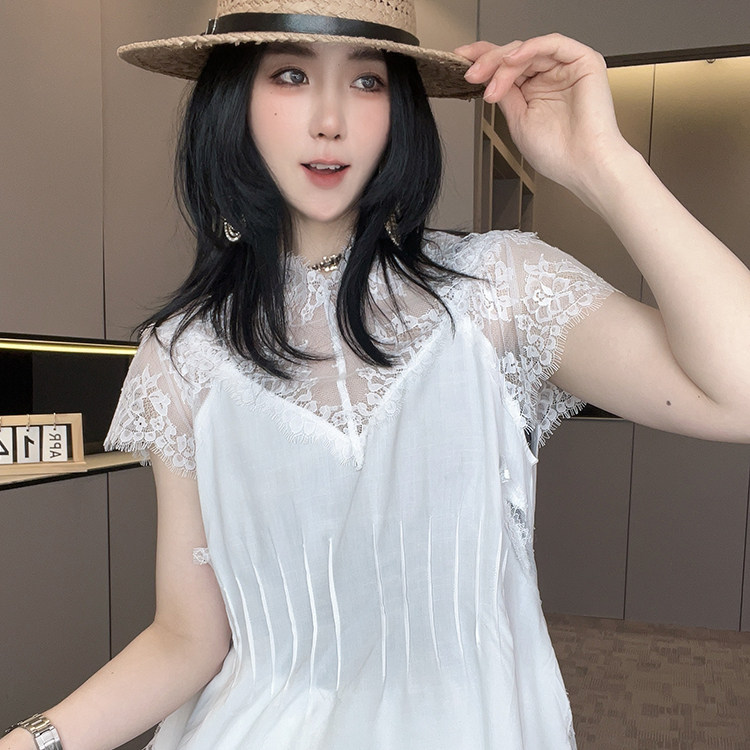 衬衫女2026夏季新款欧洲站设计感纯色蕾丝钩花拼接压褶收腰上衣