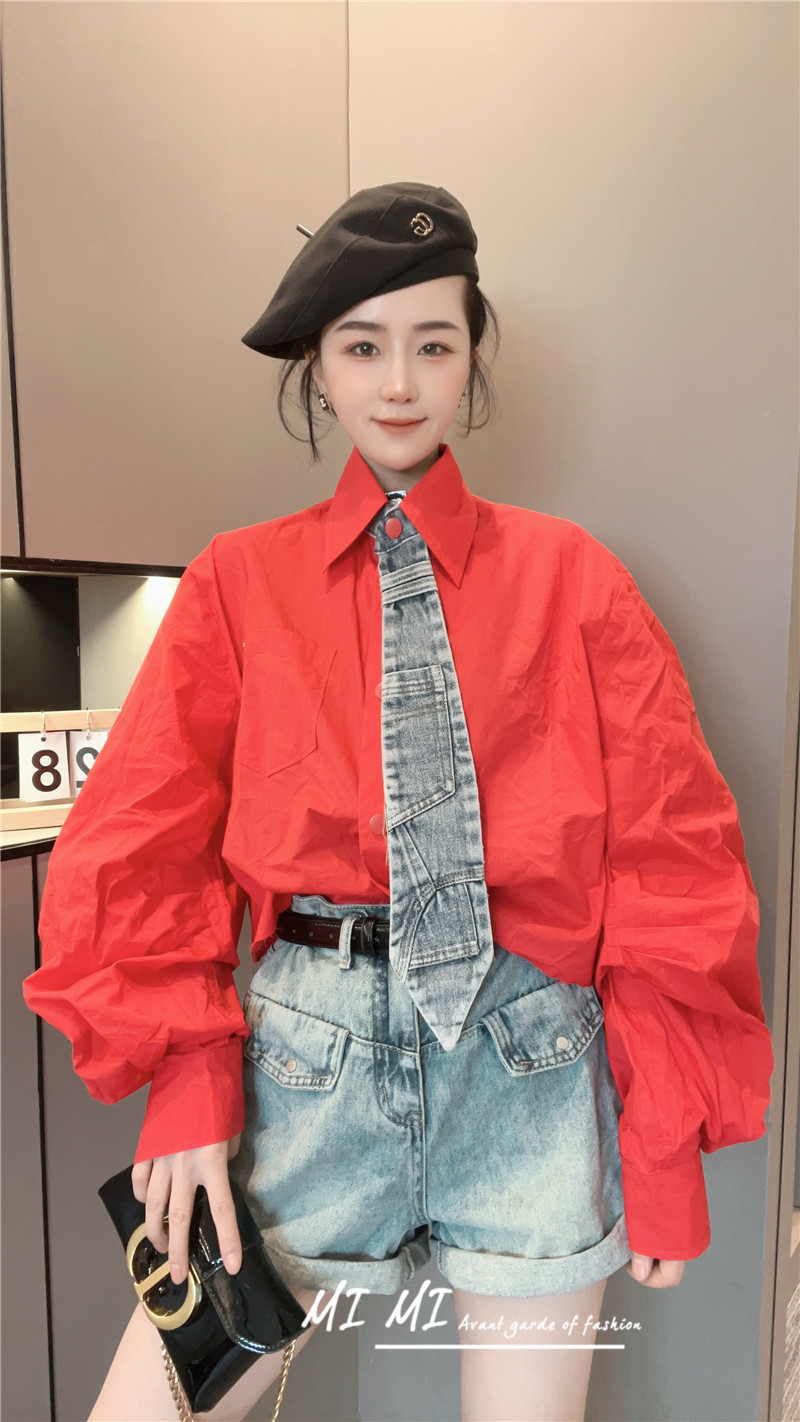 宽松休闲单排扣泡泡袖衬衫