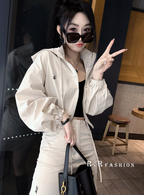 长袖拉链防晒外套高腰短裙套装