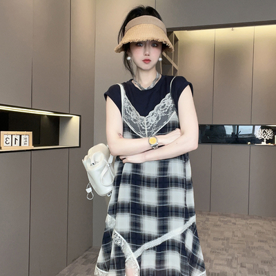 【现货】格子吊带裙短袖T恤裙套装两件套连衣裙女2025夏季新款