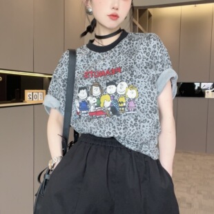 T恤 女卡通印花圆领上衣显瘦遮肉半袖 2025早秋新款 休闲碎花短袖