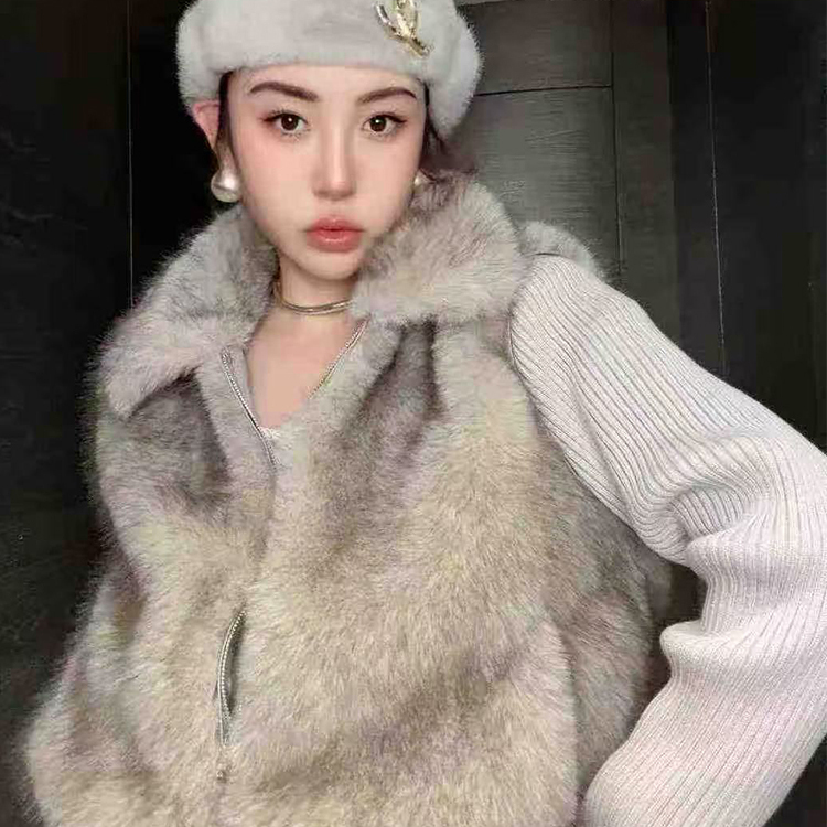 环保毛外套女2025秋冬新款欧洲站高级感撞色拼接针织长袖翻领上衣