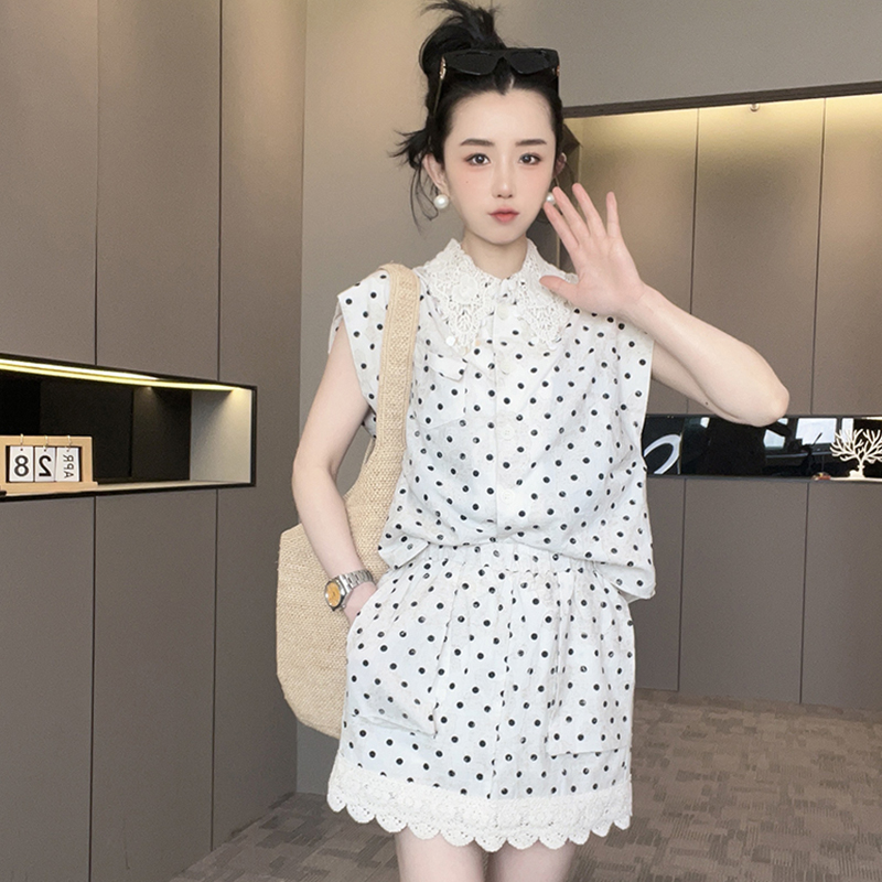 【现货】无袖衬衫高腰短裙蕾丝花边波点套装两件套女2025夏季新款