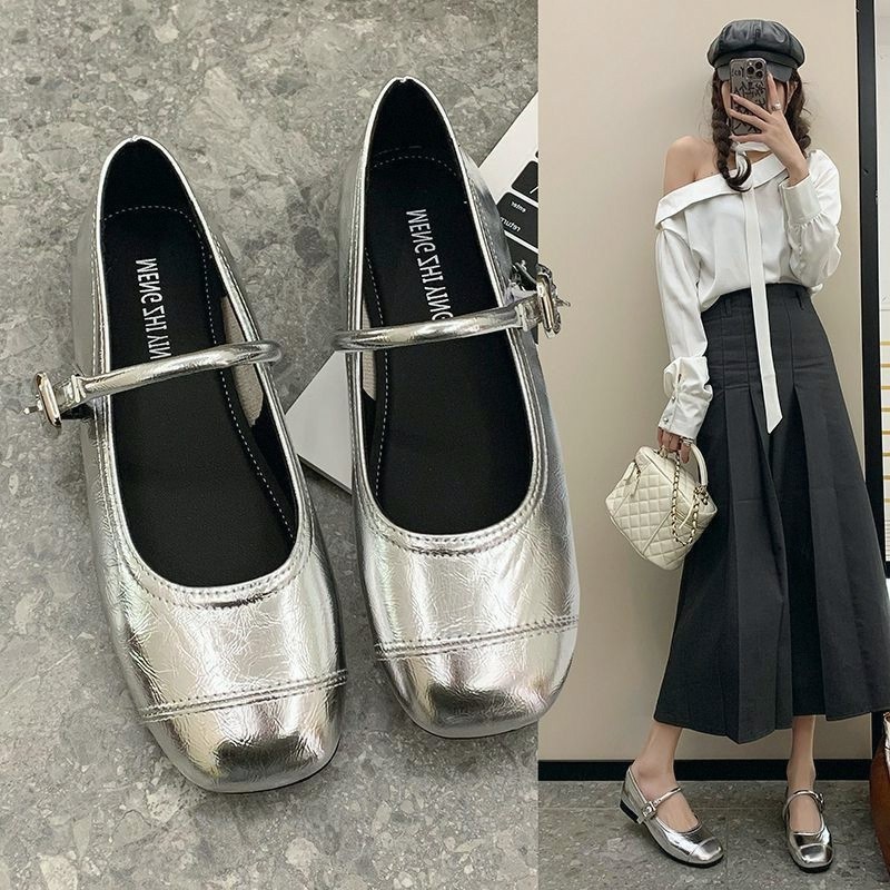 法式配裙子银色圆头玛丽珍鞋女2026年春季新款晚晚平底一字带单鞋,女鞋,浅口单鞋,淘宝优惠券,粉丝福利购,淘宝优惠卷