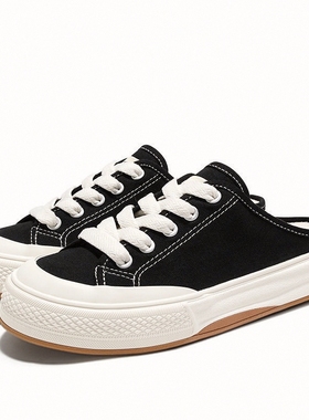 平底轻便半拖鞋女外穿2025春秋新款防滑厚底帆布鞋懒人一脚蹬板鞋