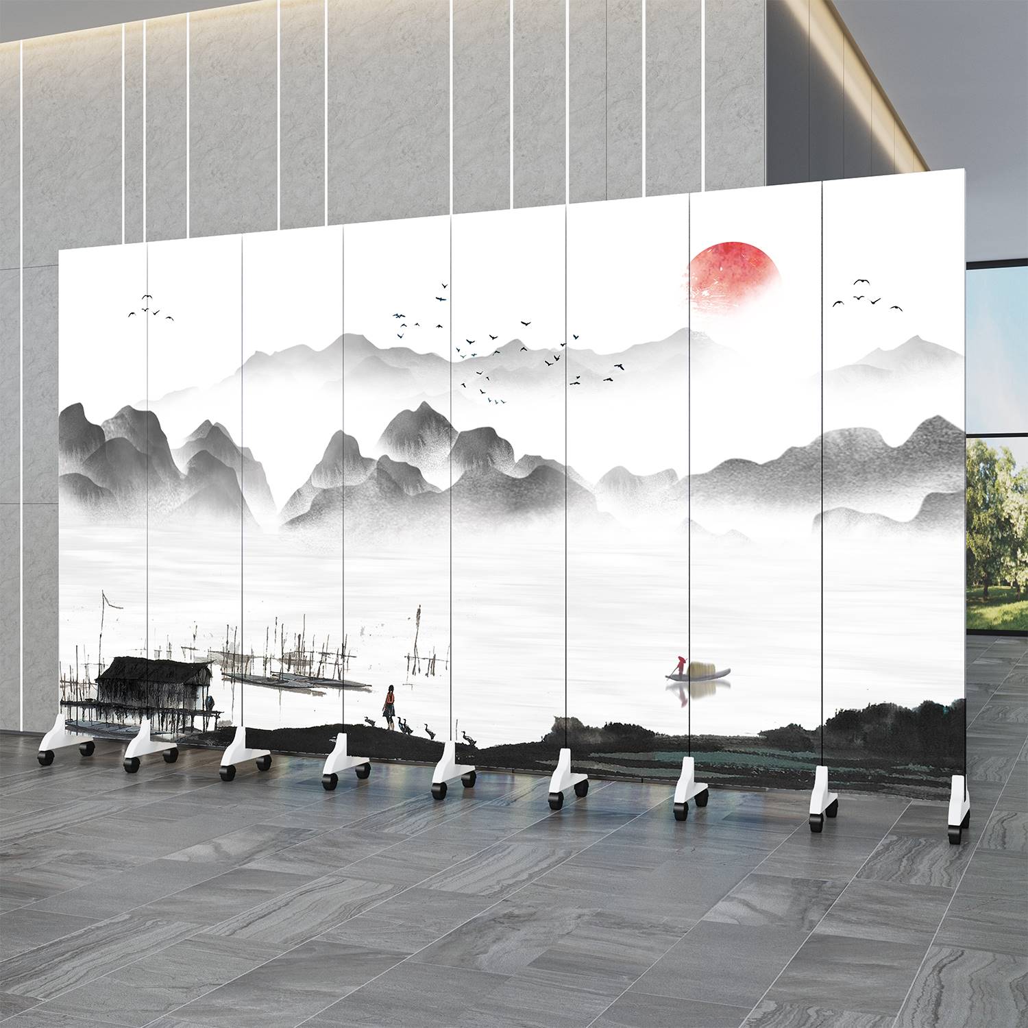 新中式荷花屏风隔断折叠移动客厅办公室遮挡帘简约现代卧室挡风屏