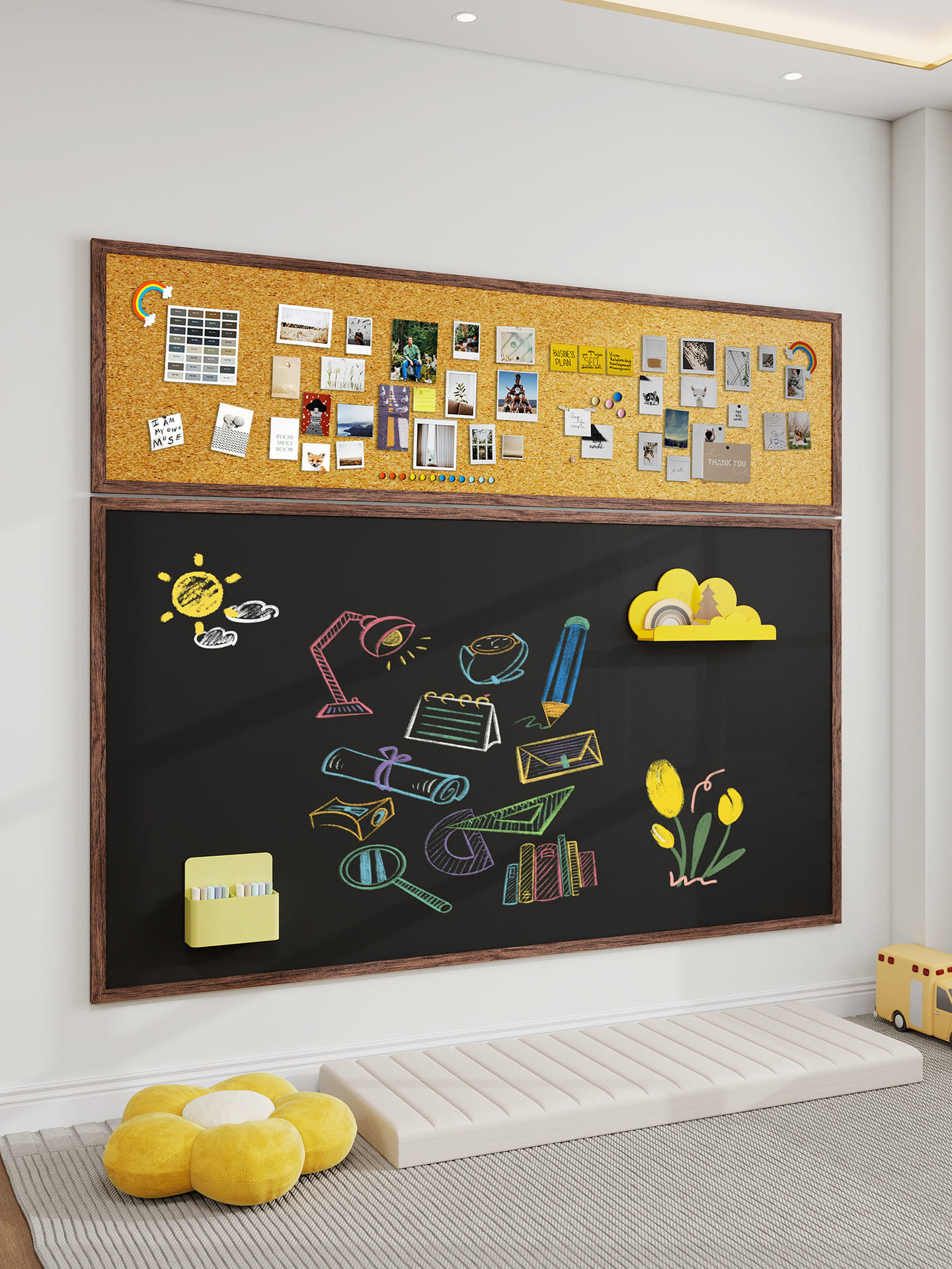 儿童房黑板墙大黑板墙挂式磁性涂鸦写字板照片毛毡软木板组合定制