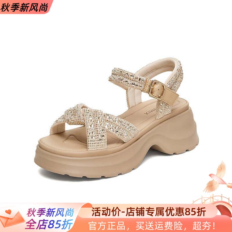 天美意一字带闪钻厚底凉鞋女外穿休闲凉鞋