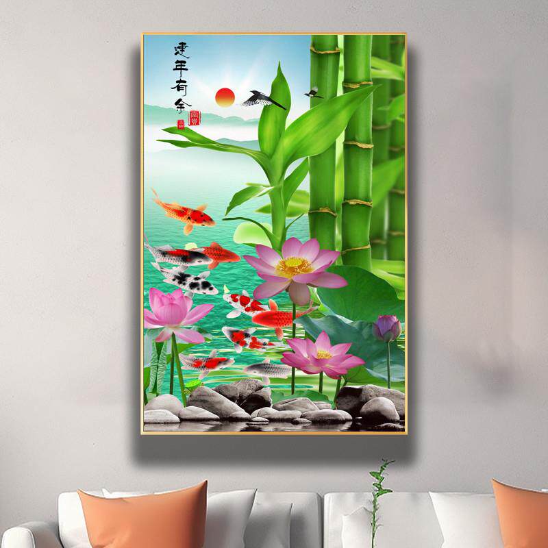 竖版竹子九鱼图荷花山水画客厅卧室挂画竹报平安风景带框装饰画