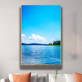 竖版蓝天白云湖泊山水画现代玄关走廊卧室挂画财源滚滚自然家居画