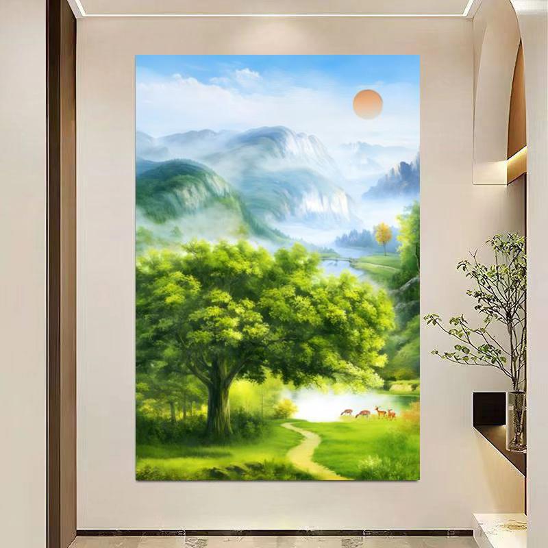 聚宝盆装饰画山水风景玄关挂画招财树聚财绿色风景画靠山图自粘画
