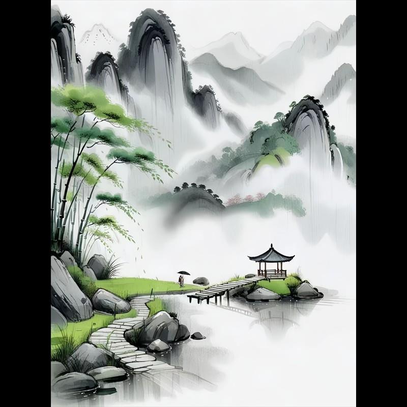 国风水墨画中式山水风景自粘墙贴客厅背景墙书房茶室办公室装饰画