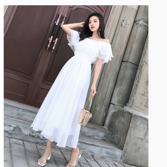4种穿法2层度假拍照长款连衣裙女夏季修身显瘦一字肩裙子潮流雪纺