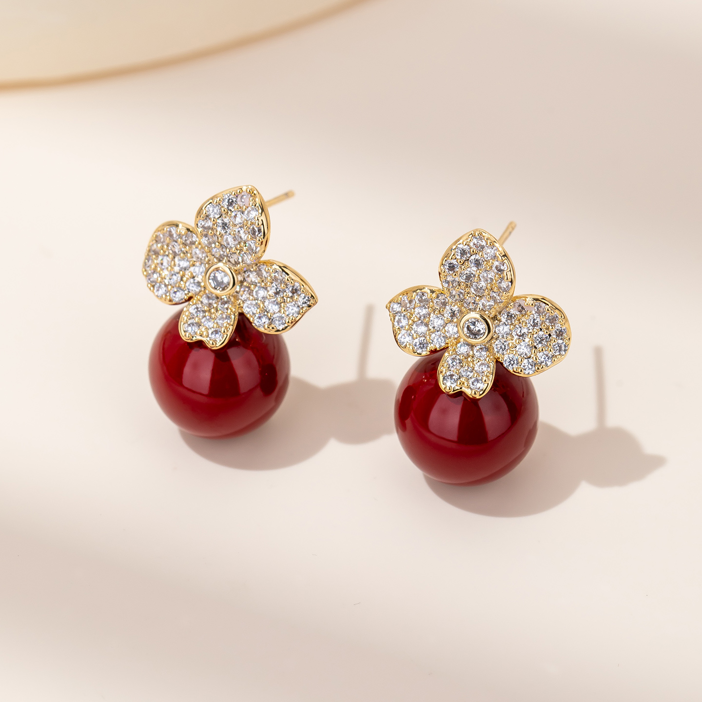 红珠花朵肌理金色耳饰女银针耳钉独特耳环2025新款爆款高级感耳坠